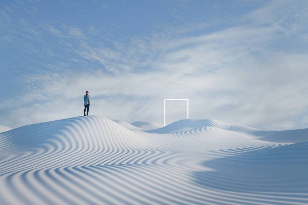 woman walking surreal fantasy landscape. 3d generated image.